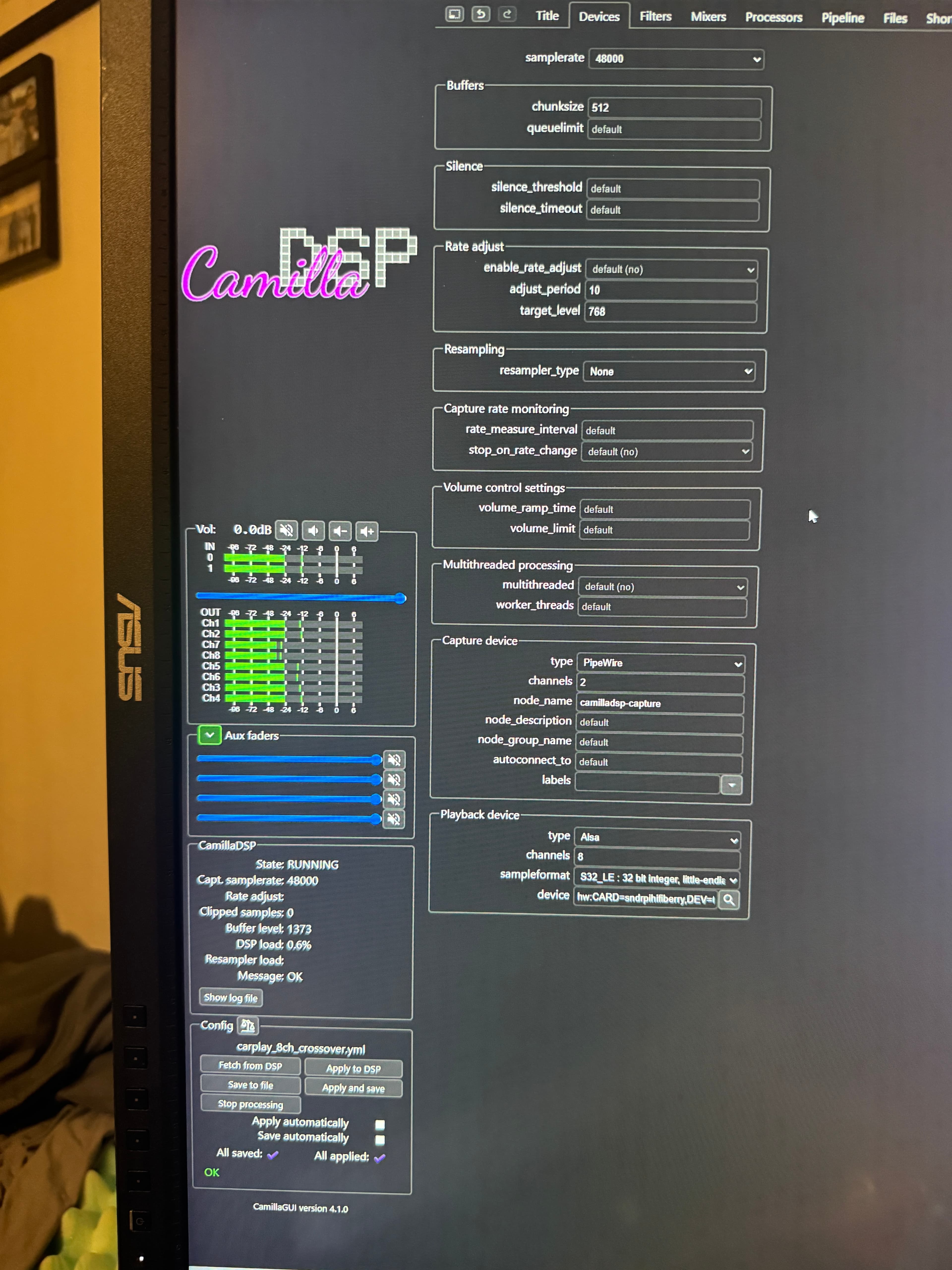 CamillaDSP interface used for the Jeep's custom automotive audio system