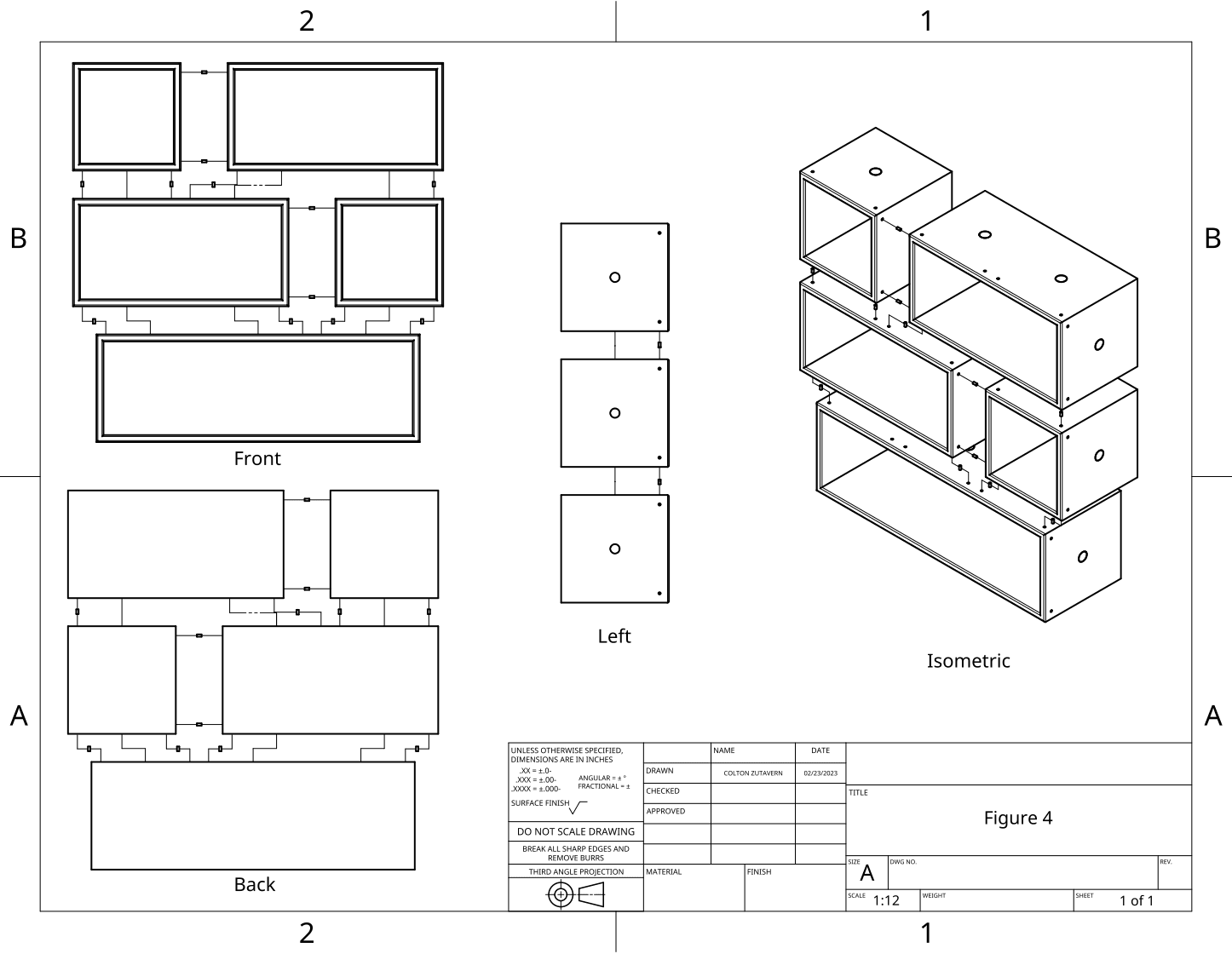 Isometric technical drawing of the modular wooden shelving system
